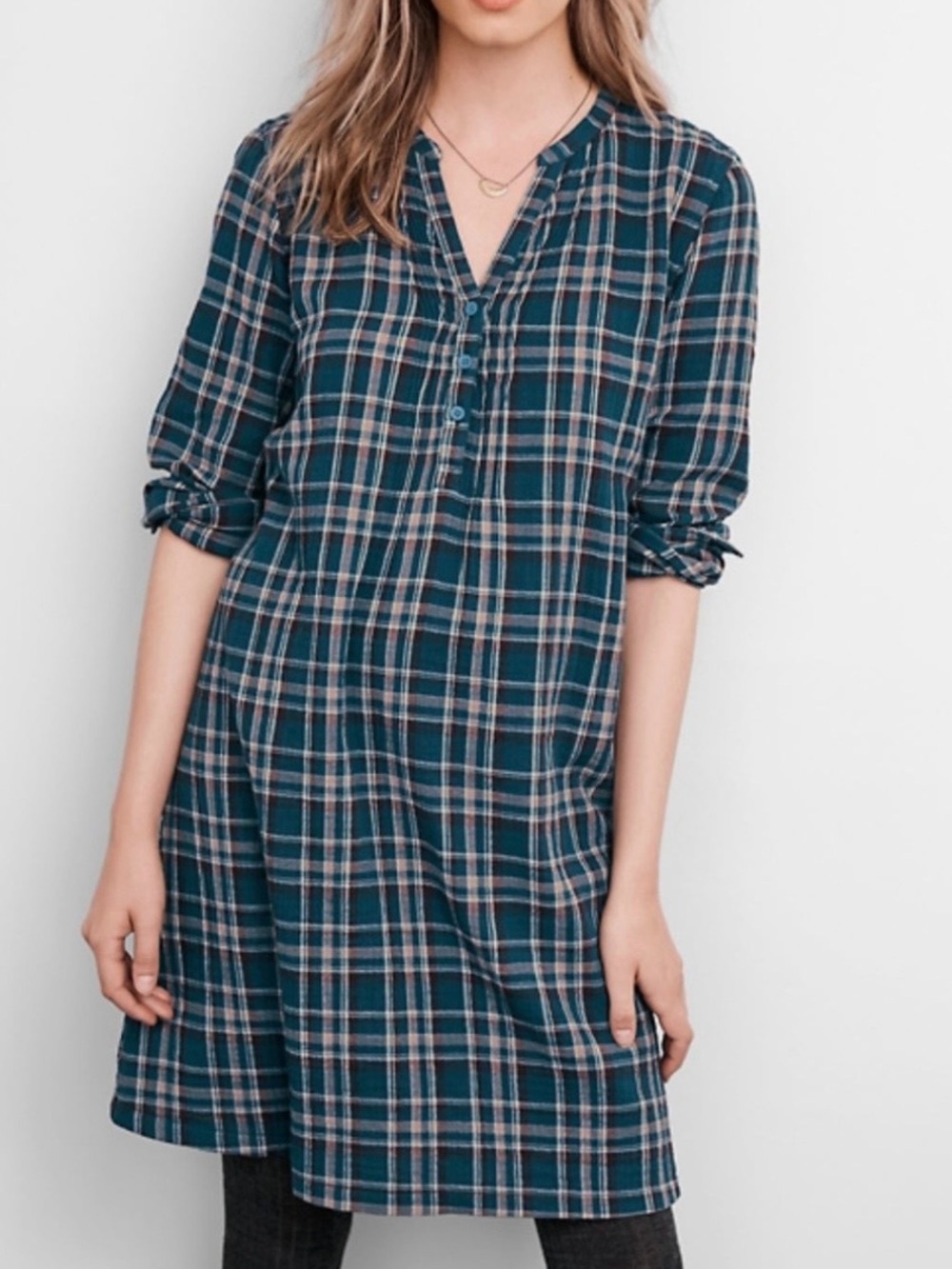 Garnet Hill Crinkle Gauze Popover Pintuck Plaid Button-Neck Tunic in Teal & Navy